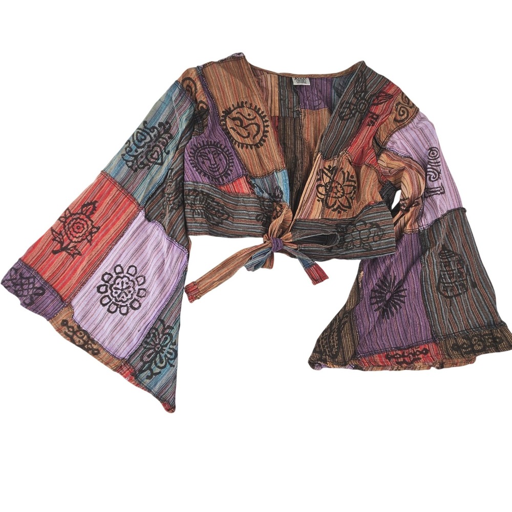 Vintage 90s Kirat Patchwork Tie Front Crop Top Bell Sleeve Boho Sun Om OSFM